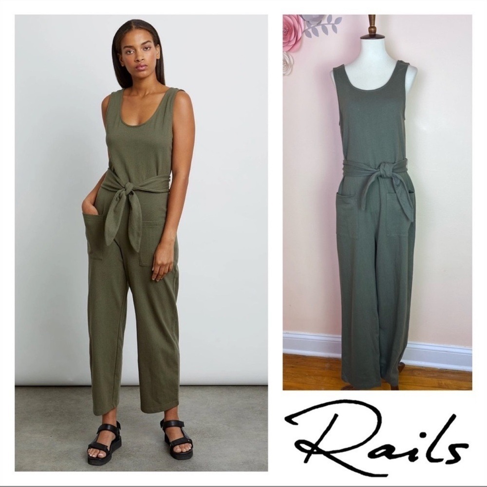 Rails Olive Green‎ Sleeveless Tie Waist Wide Leg Jumpsuit with Pockets Size M